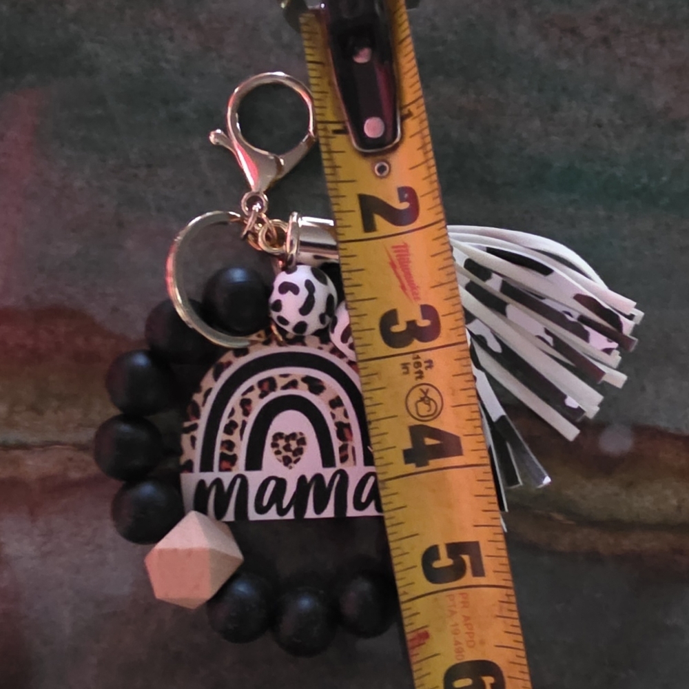 Black and White Cow Print MAMA wristlet Tassel Bag Purse Charm Keychain - Picture 3 of 3